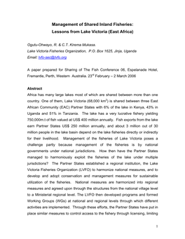 Regional Approach to Management of the Shared Fisheries Resources of Lake Victoria by the East Africa – Kenya, Uganda and Tanz