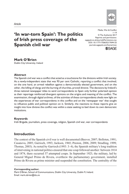 'In War-Torn Spain': the Politics of Irish Press Coverage of the Spanish Civil