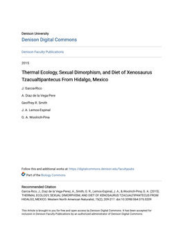 Thermal Ecology, Sexual Dimorphism, and Diet of Xenosaurus Tzacualtipantecus from Hidalgo, Mexico