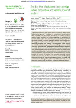 The Big Man Mechanism: How Prestige Fosters Cooperation and Creates Prosocial Rstb.Royalsocietypublishing.Org Leaders