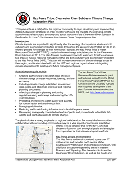 Nez Perce Tribe: Clearwater River Subbasin Climate Change Adaptation Plan