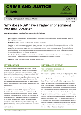 Why Does NSW Have a Higher Imprisonment Rate Than Victoria? Don Weatherburn, Katrina Grech and Jessie Holmes