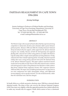 Partisan Realignment in Cape Town 1994-2004