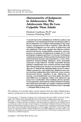 (Im)Maturity of Judgment in Adolescence: Why Adolescents May Be Less Culpable Than Adults