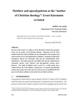 “Mother of Christian Theology”: Ernst Käsemann Revisited
