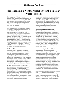 Reprocessing Is Not the “Solution” to the Nuclear Waste Problem