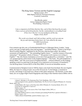 The King James Version and the English Language Spring Lecture, 2011 Bible Baptist Church & Theological Seminary Cromwell, Connecticut