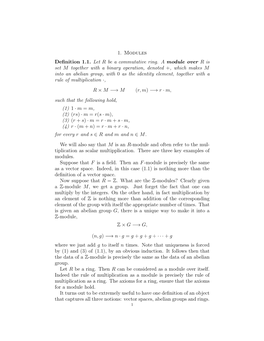 1. Modules Definition 1.1. Let R Be a Commutative Ring. a Module Over R Is Set M Together with a Binary Operation, Denoted +, Wh