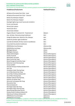 Positivlisten for Professionelle Hårkosmetiske Produkter Disse Anbefales Til Grøn Salon
