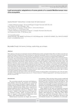 Leaf Xeromorphic Adaptations of Some Plants of a Coastal Mediterranean Mac- Chia Ecosystem