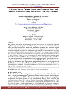 Effect of Clay and Organic Matter Amendments on Water and Nutrient Retention of Sandy Soils: Column Leaching Experiment