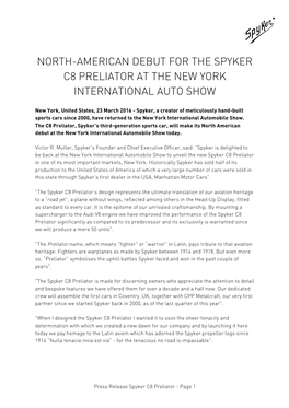 Press Release Spyker C8 Preliator NYIAS