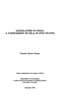 LEGISLATORS in INDIA: a COMPARISON of Mlas in FIVE STATES