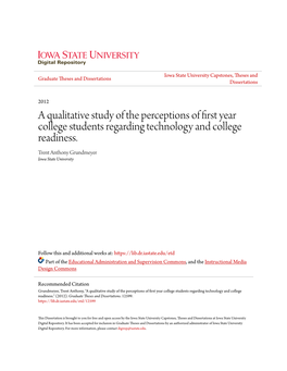 A Qualitative Study of the Perceptions of First Year College Students Regarding Technology and College Readiness