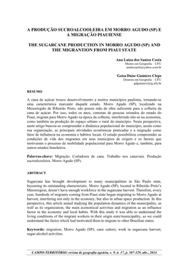 A Produção Sucroalcooleira Em Morro Agudo (Sp) E a Migração Piauiense