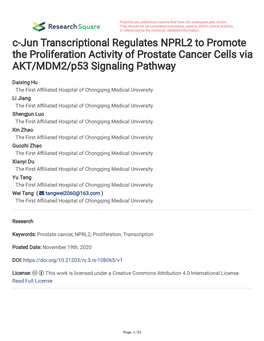 C-Jun Transcriptional Regulates NPRL2 to Promote the Proliferation Activity of Prostate Cancer Cells Via AKT/MDM2/P53 Signaling Pathway