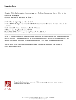 Collaborative Archaeology As a Tool for Preserving Sacred Sites in the Cherokee Heartland Chapter Author(S): Benjamin A