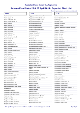 Autumn Plant Sale - 26 & 27 April 2014 - Expected Plant List the Price of Some Plants May Be Less Than Indicated