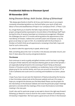 Presidential Address to Diocesan Synod 09 November 2019 Acting Diocesan Bishop, Keith Sinclair, Bishop of Birkenhead