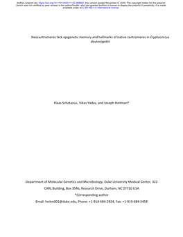 Neocentromeres Lack Epigenetic Memory and Hallmarks of Native Centromeres in Cryptococcus Deuterogattii