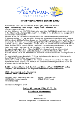 MANFRED MANN`S EARTH BAND Freitg, 17. Januar 2020, 20.00 Uhr