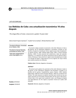 Las Libélulas De Cuba: Una Actualización Taxonómica 10 Años Después