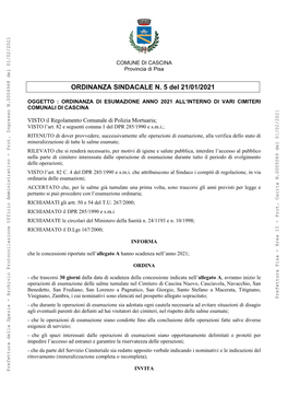 ORDINANZA SINDACALE N. 5 Del 21/01/2021