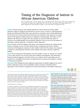 Timing of the Diagnosis of Autism in African American Children John N