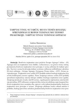 Tarptautinių Sutarčių Bei Es Teisės Kolizijų Sprendimas Europos Teisingumo Teismo Praktikoje: Tarptautiniai Teisiniai Aspektai