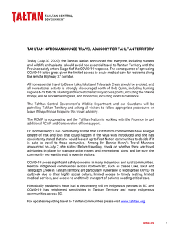 Tahltan Nation Announce Travel Advisory for Tahltan Territory