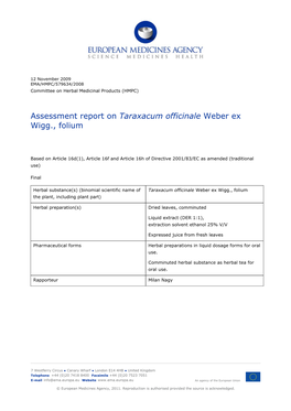 Assessment Report on Taraxacum Officinale Weber Ex Wigg., Folium