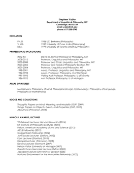 Stephen Yablo Department of Linguistics & Philosophy, MIT Cambridge, MA 02139 Email: Yablo@Mit.Edu Phone: 617-258-0740