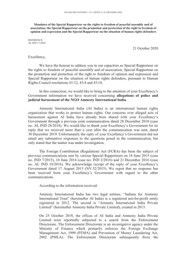21 October 2020 Excellency, We Have the Honour to Address You in Our Capacities As Special Rapporteur on the Rights to Freedom O