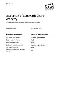 Inspection of Samworth Church Academy Sherwood Hall Road, Mansfield, Nottinghamshire NG18 2DY