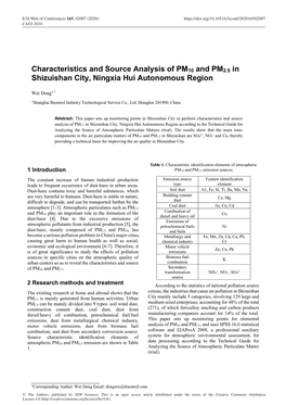 Characteristics and Source Analysis of PM10 and PM2.5 in Shizuishan City, Ningxia Hui Autonomous Region