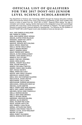 Official List of Qualifiers for the 2017 Dost-Sei Junior Level Science