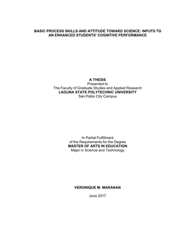 Basic Process Skills and Attitude Toward Science: Inputs to an Enhanced Students’ Cognitive Performance