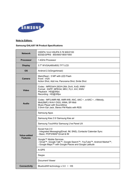 Note to Editors: Samsung GALAXY W Product Specifications Network