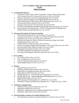 Lower Columbia College Head Start/EHS/ECEAP Health Table of Contents