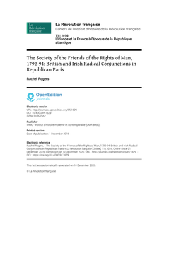 La Révolution Française, 11 | 2016 the Society of the Friends of the Rights of Man, 1792-94: British and Irish R