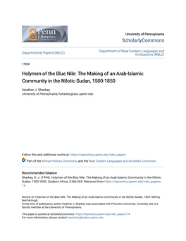 Holymen of the Blue Nile: the Making of an Arab-Islamic Community in the Nilotic Sudan, 1500-1850