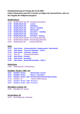 Fahrplanänderung Am Freitag, Den 31.01.2020 Früher Schulschluss Nach Der 4