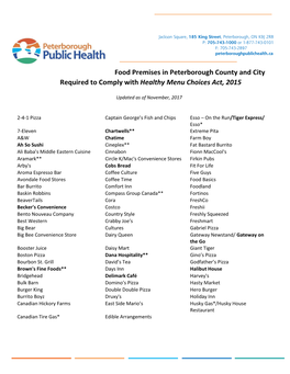 Food Premises in Peterborough County and City Required to Comply with Healthy Menu Choices Act, 2015