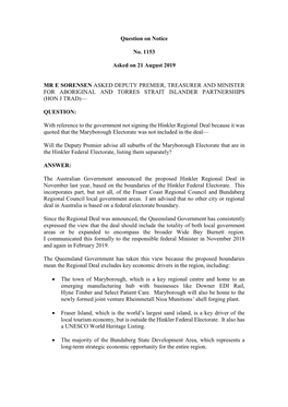 Question on Notice No. 1153 Asked on 21 August 2019 MR E