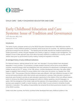 Early Childhood Education and Care Systems: Issue of Tradition and Governance Ajohn Bennett, Med, Phd February 2011, Rev