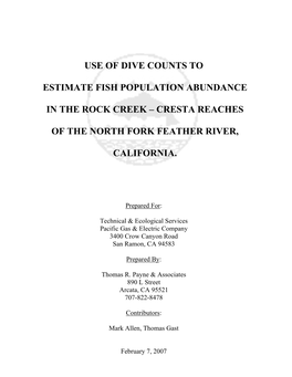 Use of Dive Counts to Estimate Fish Population Abundance in the Rock Creek - Cresta Reaches of the North Fork Feather River, California