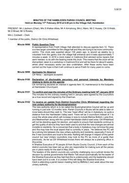 MINUTES of the HAMBLEDEN PARISH COUNCIL MEETING Held on Monday 11Th February 2019 at 8.00 Pm in the Village Hall, Hambleden