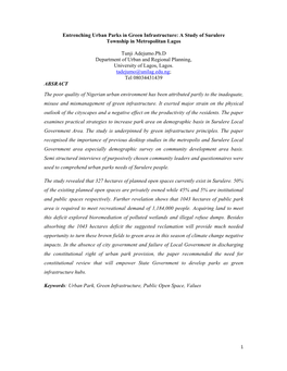 Entrenching Urban Parks in Green Infrastructure: a Study of Surulere Township in Metropolitan Lagos