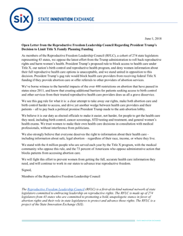 June 1, 2018 Open Letter from the Reproductive Freedom Leadership Council Regarding President Trump's Decision to Limit Title