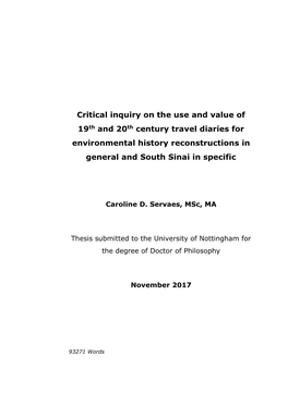 Critical Inquiry on the Use and Value of 19Th and 20Th Century Travel Diaries for Environmental History Reconstructions in General and South Sinai in Specific